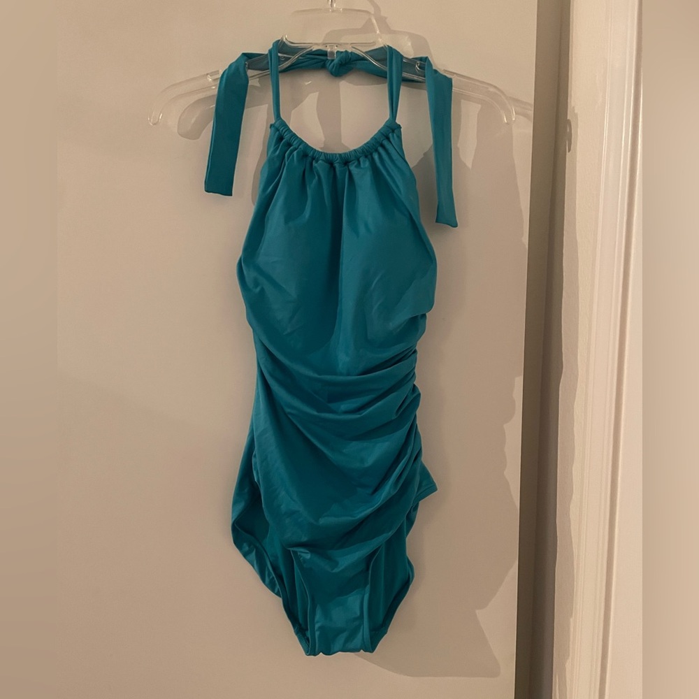 New- Badgley Mischka 1Pc Swimsuit Turquoise Blue Rouched NWT